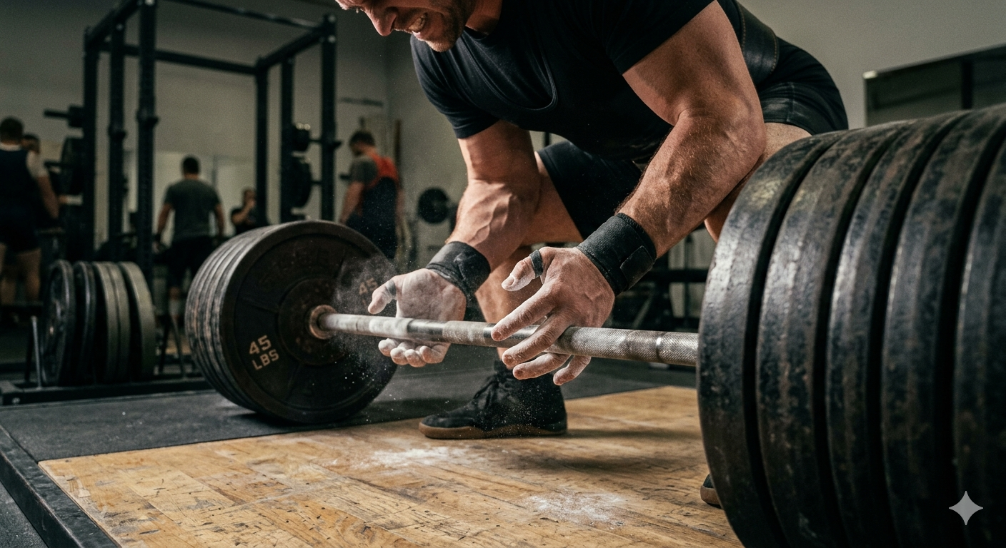 Prompt: A high-quality realistic photo of an athlete's chalk-covered hands gripping a heavily loaded deadlift bar, intense focus, gritty texture, cinematic lighting Nano Banana2